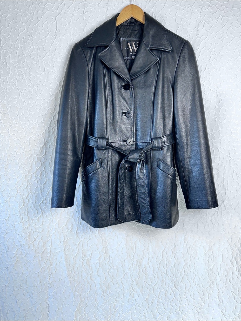Winlit Vintage Leather Women's Jackets Size M Soft Black Warm Trench Coat Belt